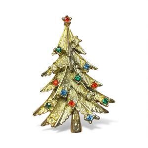 Vintage Christmas Tree Pin Brooch Goldtone with Rhinestones